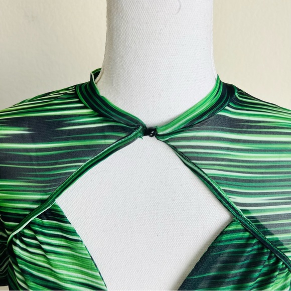 Green & Black Striped Mesh Strappy Criss Cross Short Sleeve Cut Out Bodysuit - Picture 5 of 6